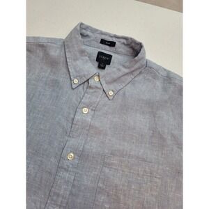 J Crew Slim Shirt Linen/Cotton Blue‎ Button Down Mens L Short Sleeve